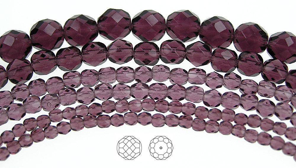 Amethyst color, loose Czech Fire Polished Round Faceted Glass Beads, purple