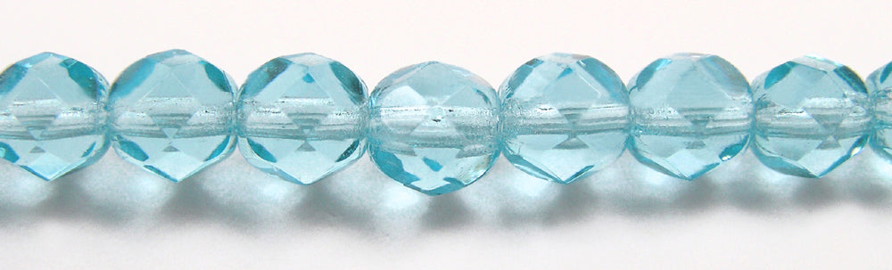 Aqua, Czech Fire Polished Round Faceted Glass Beads, 16 inch strand