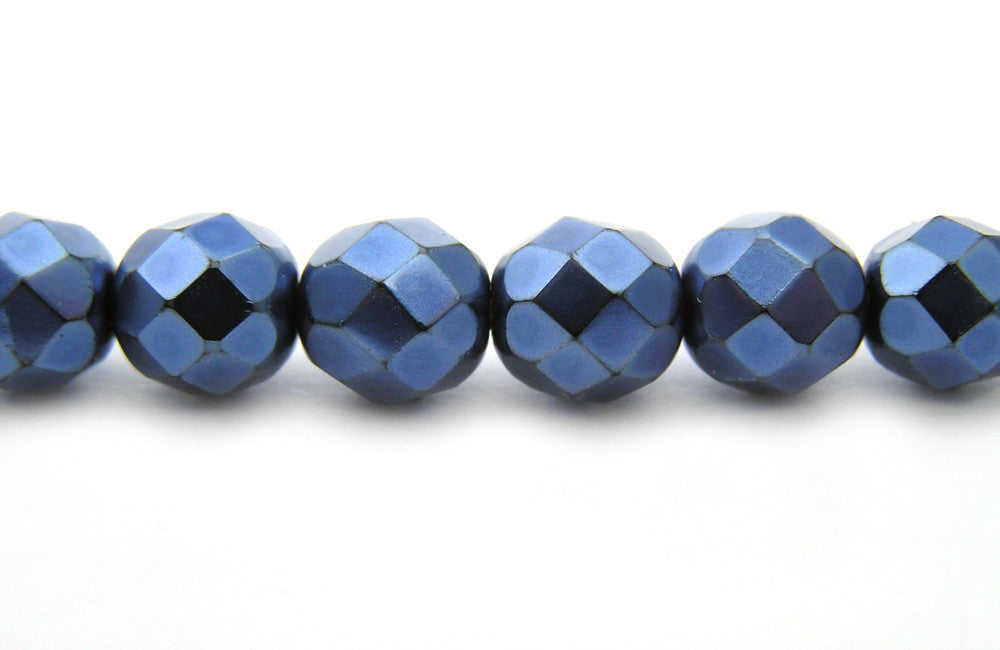 Blue Carmen Metallic Pearl, Czech Fire Polished Round Faceted Glass Beads, Faceted Pearls