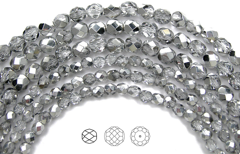 Crystal Labrador CAL half coated, loose Czech Fire Polished Round Faceted Glass Beads, Half Silver 3mm, 4mm, 6mm, 8mm