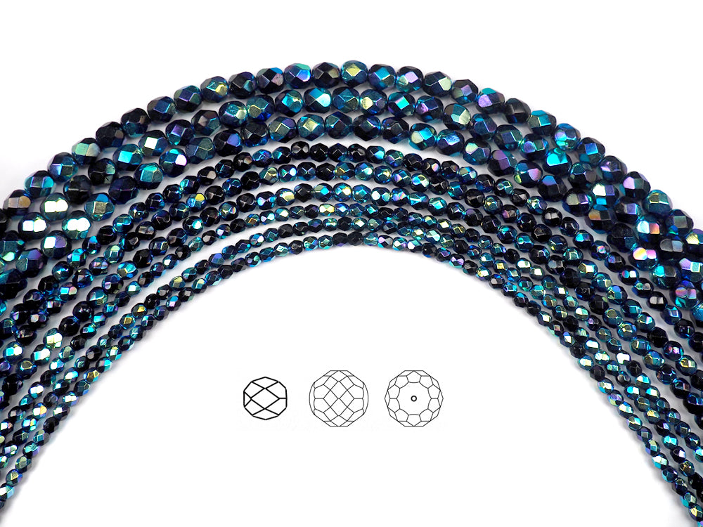 Jet AB2X double coated, Czech Fire Polished Round Faceted Glass Beads, 16 inch strand