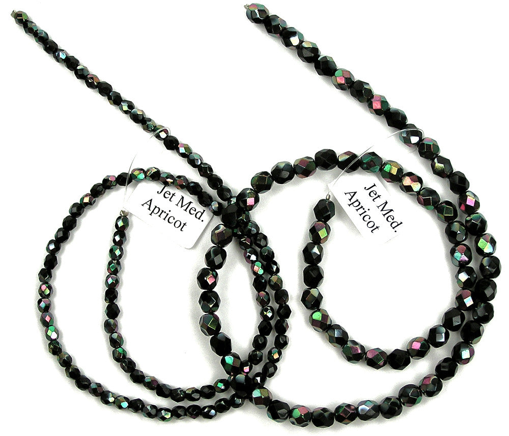 Jet Apricot Medium, Czech Fire Polished Round Faceted Glass Beads, 16 inch strand