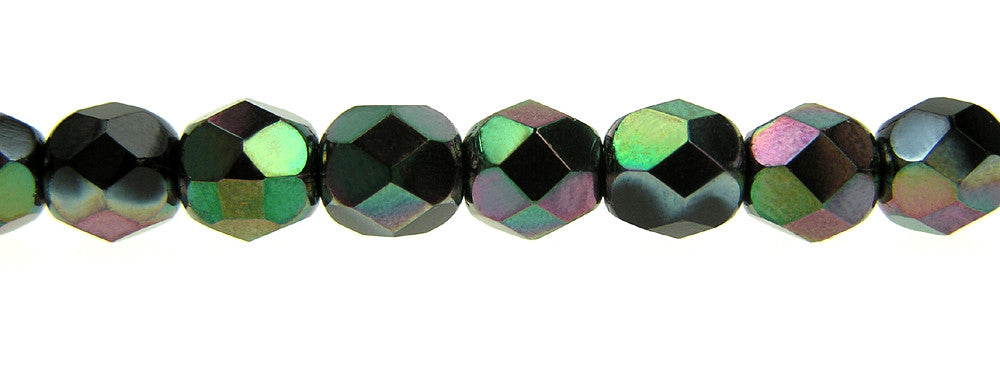 Jet Apricot Medium, Czech Fire Polished Round Faceted Glass Beads, 16 inch strand