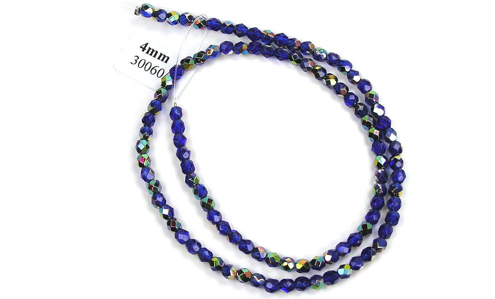 Light Cobalt Blue VITRAIL coated, Czech Fire Polished Round Faceted Glass Beads, 16 inch strand, 4mm 102pcs