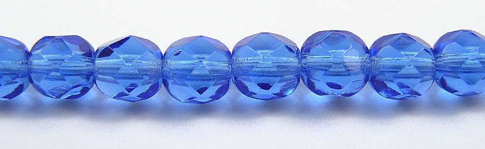 Sapphire, Czech Fire Polished Round Faceted Glass Beads, 16 inch strand, blue