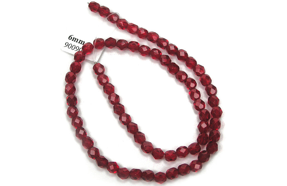 Siam, Czech Fire Polished Round Faceted Glass Beads, 16 inch strand