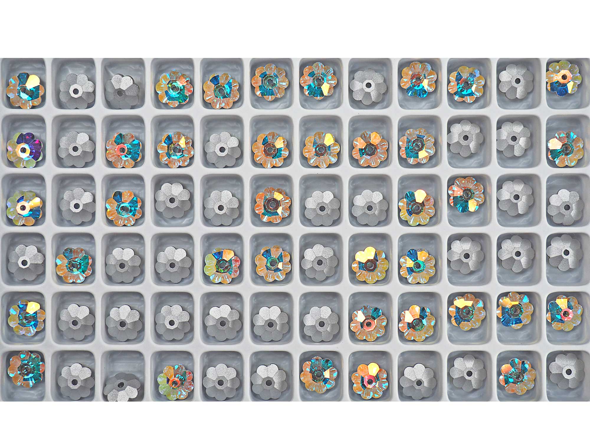 Crystal AB, Preciosa Czech MC Flower 1-hole Sew-on Stones Style #301, 8mm, 36 pieces, Silver Foiled