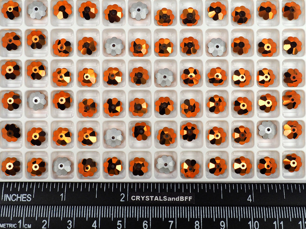 Crystal SunSet Gold custom coated, Preciosa Czech MC Flower 1-hole Sew-on Stones Style #301, 8mm, 36 pieces, Silver Foiled