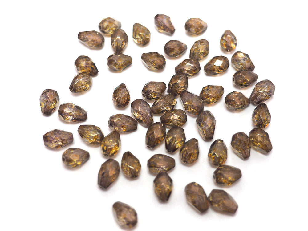 Czech Glass Pear Shaped Fire Polished Beads 9x7mm Crystal Senegal Luster coated brown Tear Drops, 50 pieces, J019