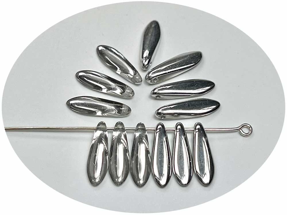 Czech Glass Druk Dagger Tear Drop Beads 5x16mm Crystal Iced Double Coated Silver, 50 pieces, pressed smooth top drilled, J061