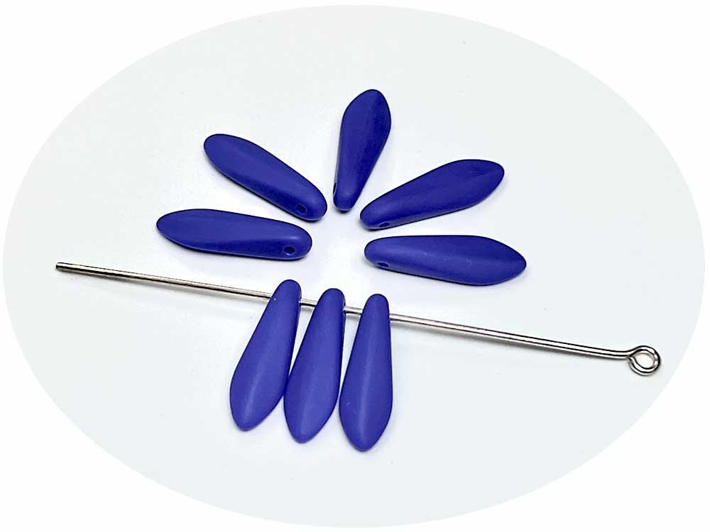 Czech Glass Druk Dagger Tear Drop Beads 5x16mm Opaque Blue Matt, 50 pieces, pressed smooth top drilled, J094