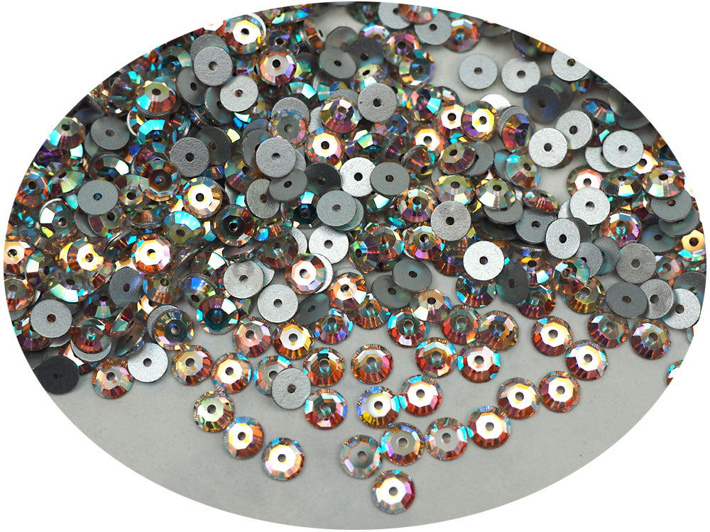 Crystal AB, Preciosa Czech MC Loch Rose 1-hole Sew-on Stones Style #438-61-110, 3mm, 1440 pieces, Clear with Aurora Borealis, Silver Foiled, Center Hole Lochrosen