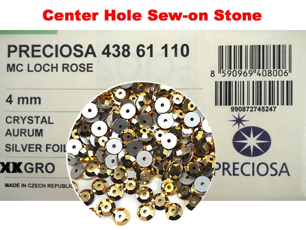 Crystal Aurum Gold, Preciosa Czech MC Loch Rose 1-hole Sew-on Stones Style #438-61-110, 4mm, 1440 pieces, Clear with Golden coating, Silver Foiled, Center Hole Lochrosen