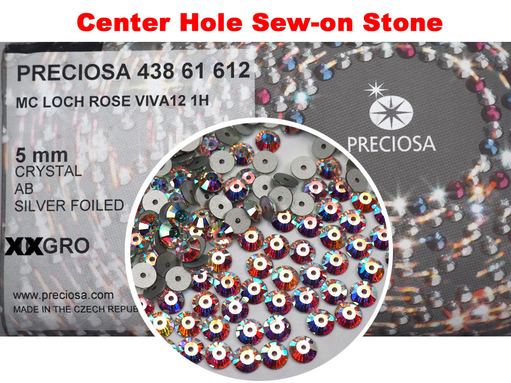 Crystal AB, Preciosa Czech MC VIVA Loch Rose 1-hole Sew-on Stones Style #438-61-612, 5mm, 144 pieces, Clear with Aurora Borealis, Silver Foiled, Center Hole Lochrosen