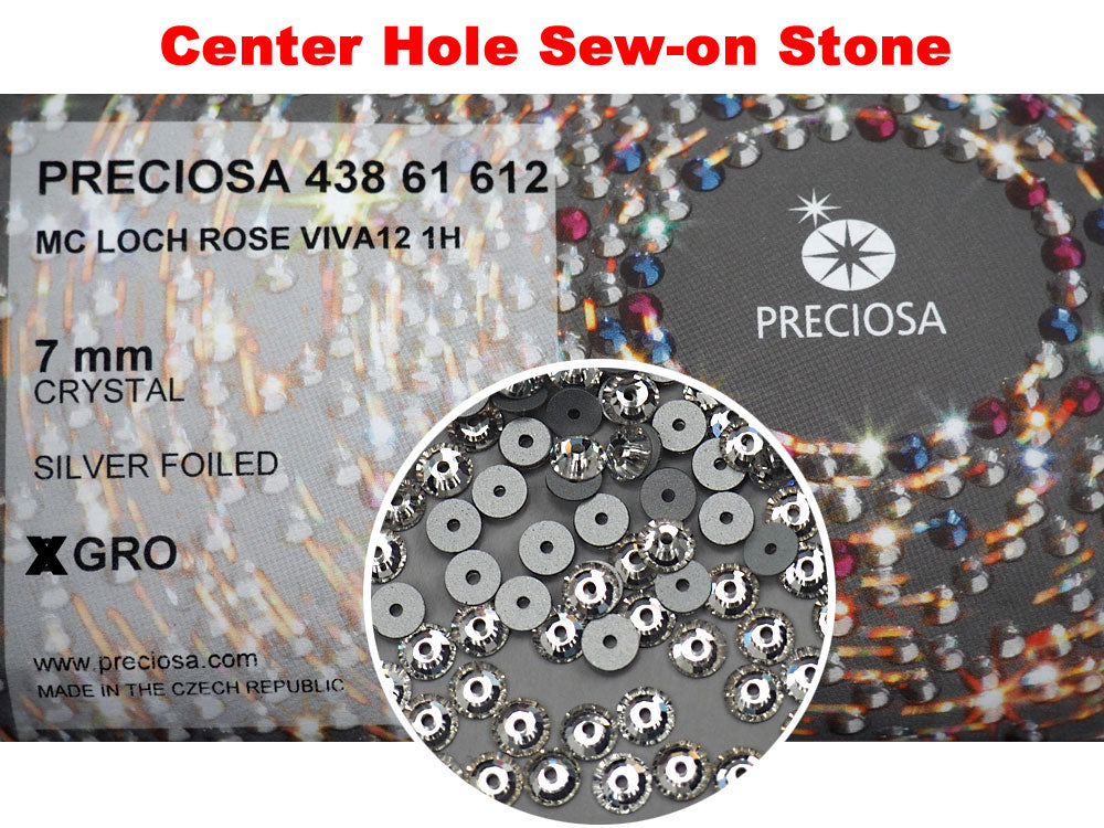 Crystal clear, Preciosa Czech MC VIVA Loch Rose 1-hole Sew-on Stones Style #438-61-612, 7mm, 72 pieces, Silver Foiled, Center Hole Lochrosen