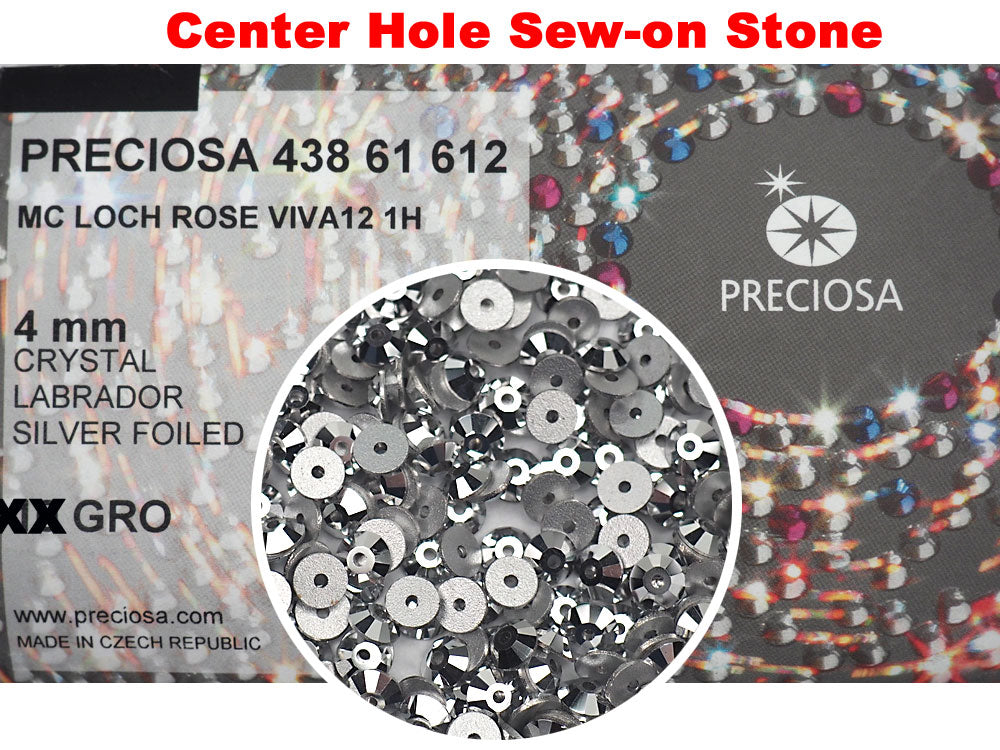 Crystal Labrador Silver, Preciosa Czech MC VIVA Loch Rose 1-hole Sew-on Stones Style #438-61-612, 4mm, 288 pieces, Silver Foiled, Center Hole Lochrosen