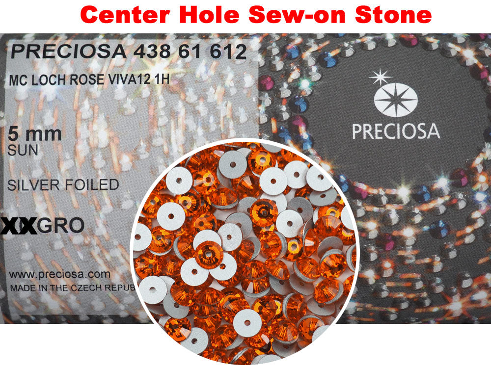Sun, Preciosa Czech MC VIVA Loch Rose 1-hole Sew-on Stones Style #438-61-612, 5mm, 144 pieces, Orange, Silver Foiled, Center Hole Lochrosen
