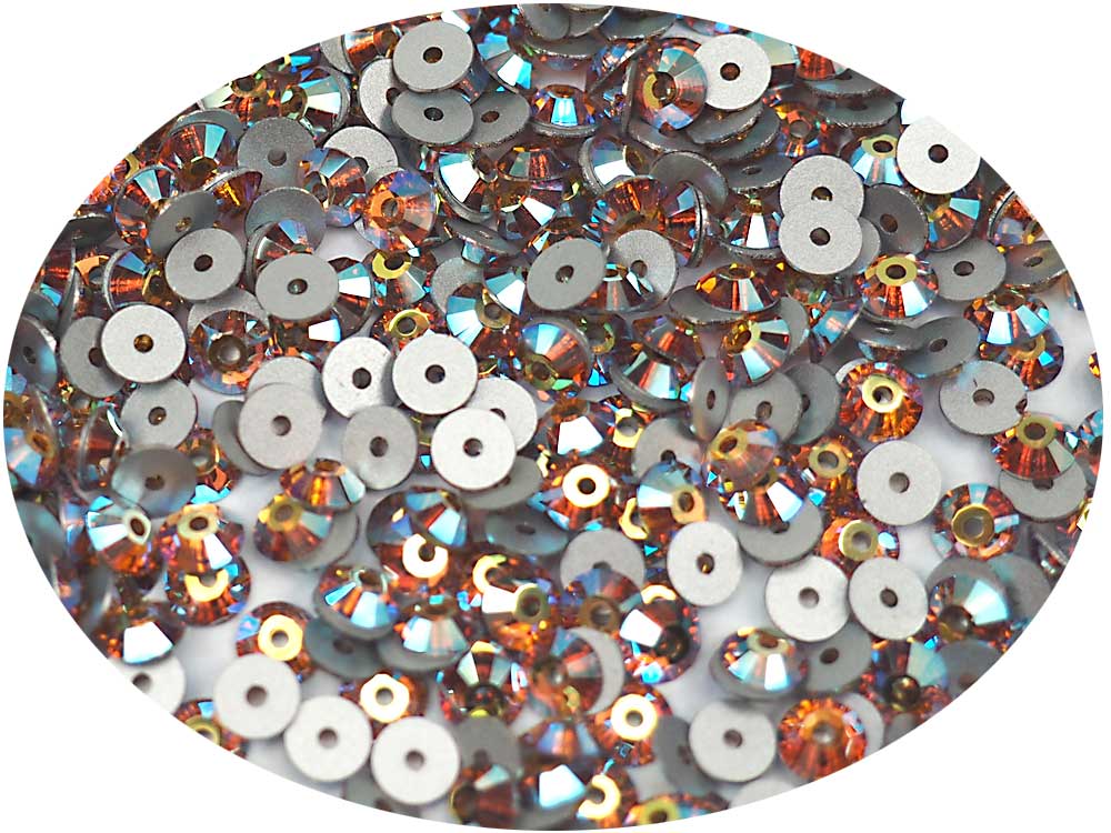 Topaz AB, Preciosa Czech MC VIVA Loch Rose 1-hole Sew-on Stones Style #438-61-612, 4mm, 288 pieces, Golden Brown coated with Aurora Borealis, Silver Foiled, Center Hole Lochrosen