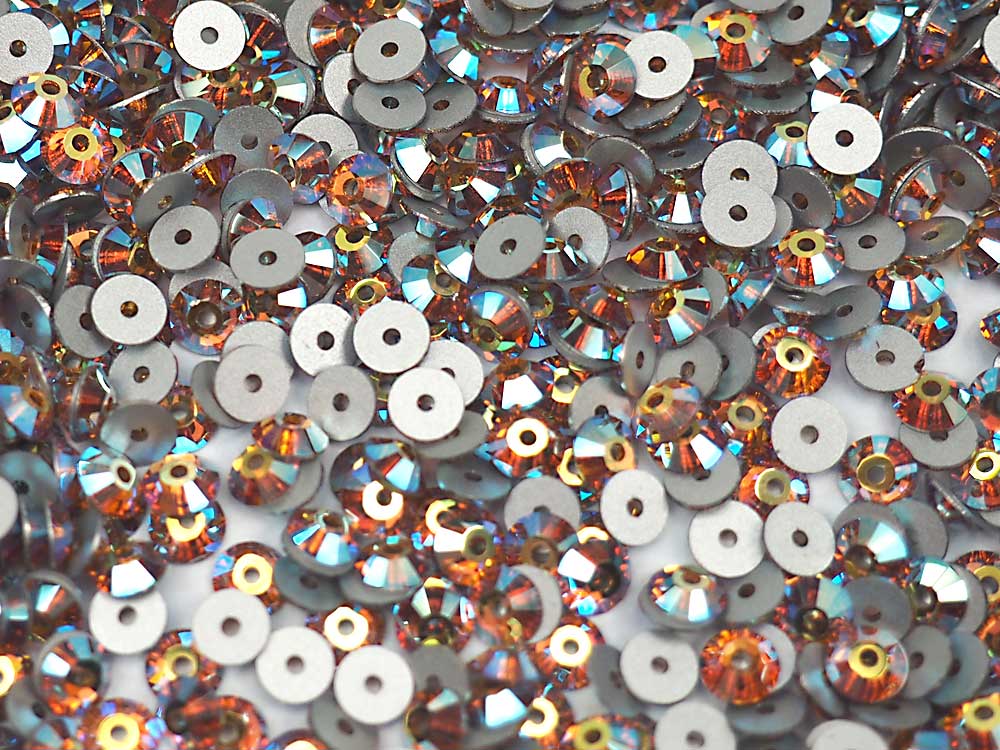 Topaz AB, Preciosa Czech MC VIVA Loch Rose 1-hole Sew-on Stones Style #438-61-612, 4mm, 288 pieces, Golden Brown coated with Aurora Borealis, Silver Foiled, Center Hole Lochrosen