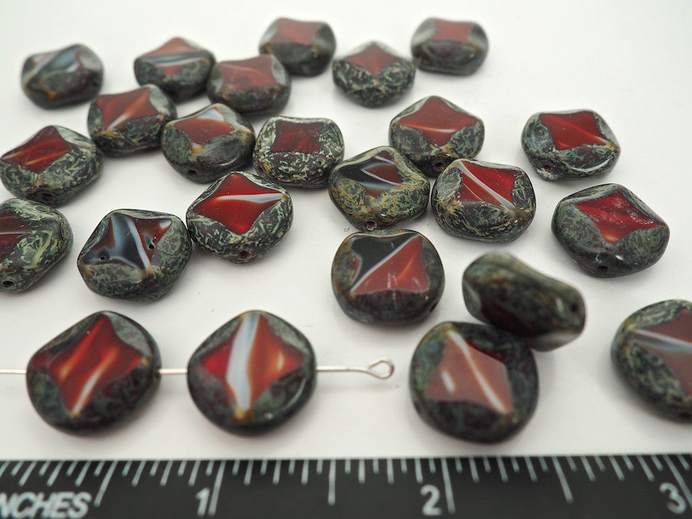 12pcs of Czech Glass Table Cut Round Coin Window Beads in size 16mm, side drilled, Red and Grey Opal Swirl with Picasso coating Art. 151-03009, col. 26907/86800