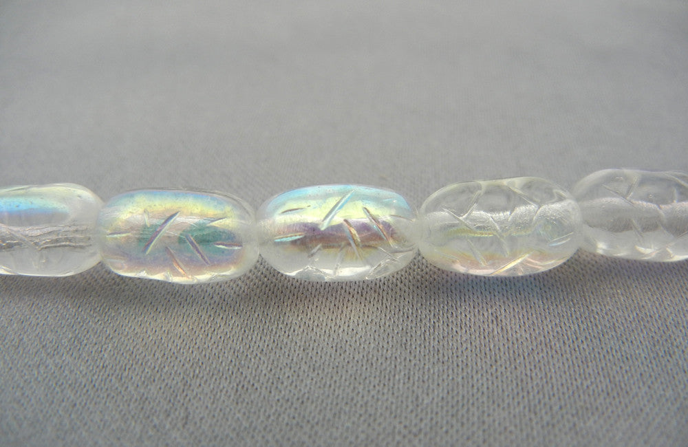 20 Czech Glass Druk Beads 10x6mm Crystal AB textured oval, pressed, clear AB coated, P201