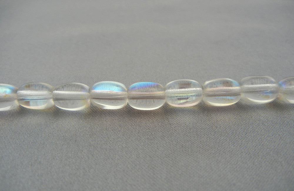 23 Czech Glass Druk Beads 9x7mm Crystal AB smooth oval, pressed, clear AB coated, P202