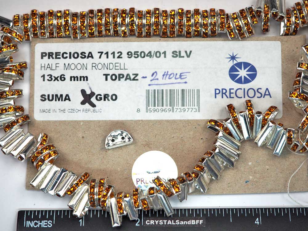 'Preciosa Genuine Czech Rhinestone 2-Hole HALF MOON Rondelles 13x6mm Topaz, Silver Plated Spacers, 24 pieces, P367