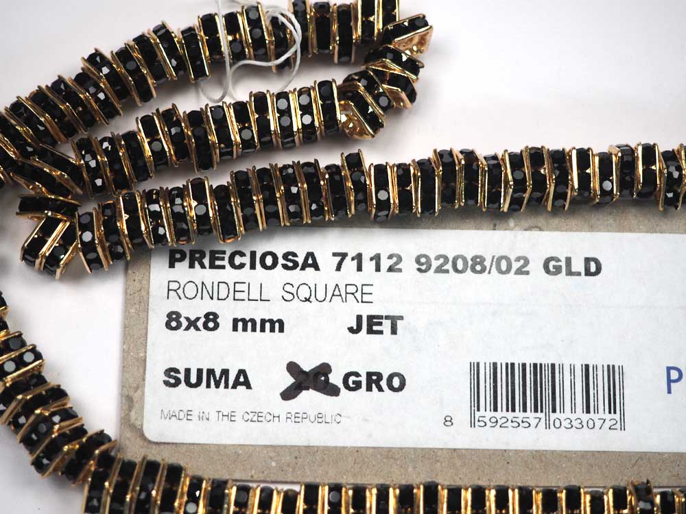 'Preciosa Genuine Czech Rhinestone Squaredelles 8mm Jet black, Gold Plated Square Spacers, 144 pieces, P375