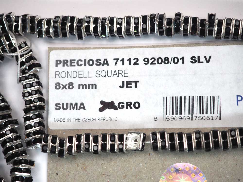 'Preciosa Genuine Czech Rhinestone Squaredelles 8mm Jet black, Silver Plated Square Spacers, 144 pieces, P376
