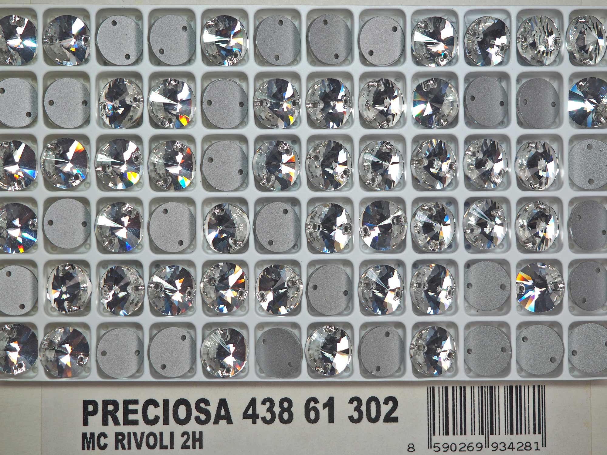 Crystal clear, Preciosa Czech MC RIVOLI Flatback 2-hole Sew-on Stones Style #438-61-302 Silver Foiled, sizes 10mm, 12mm, 14mm
