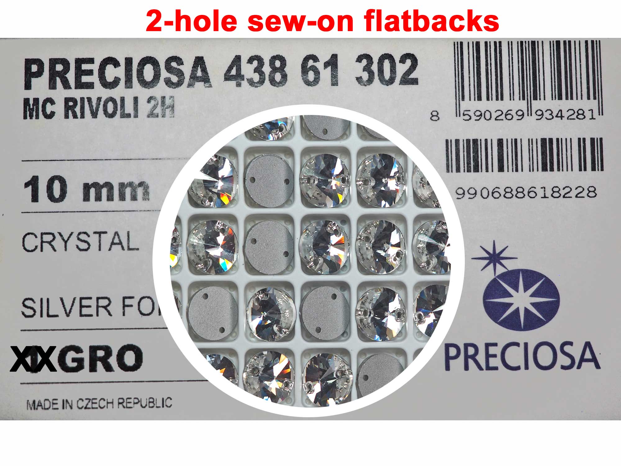 Crystal clear, Preciosa Czech MC RIVOLI Flatback 2-hole Sew-on Stones Style #438-61-302 Silver Foiled, sizes 10mm, 12mm, 14mm