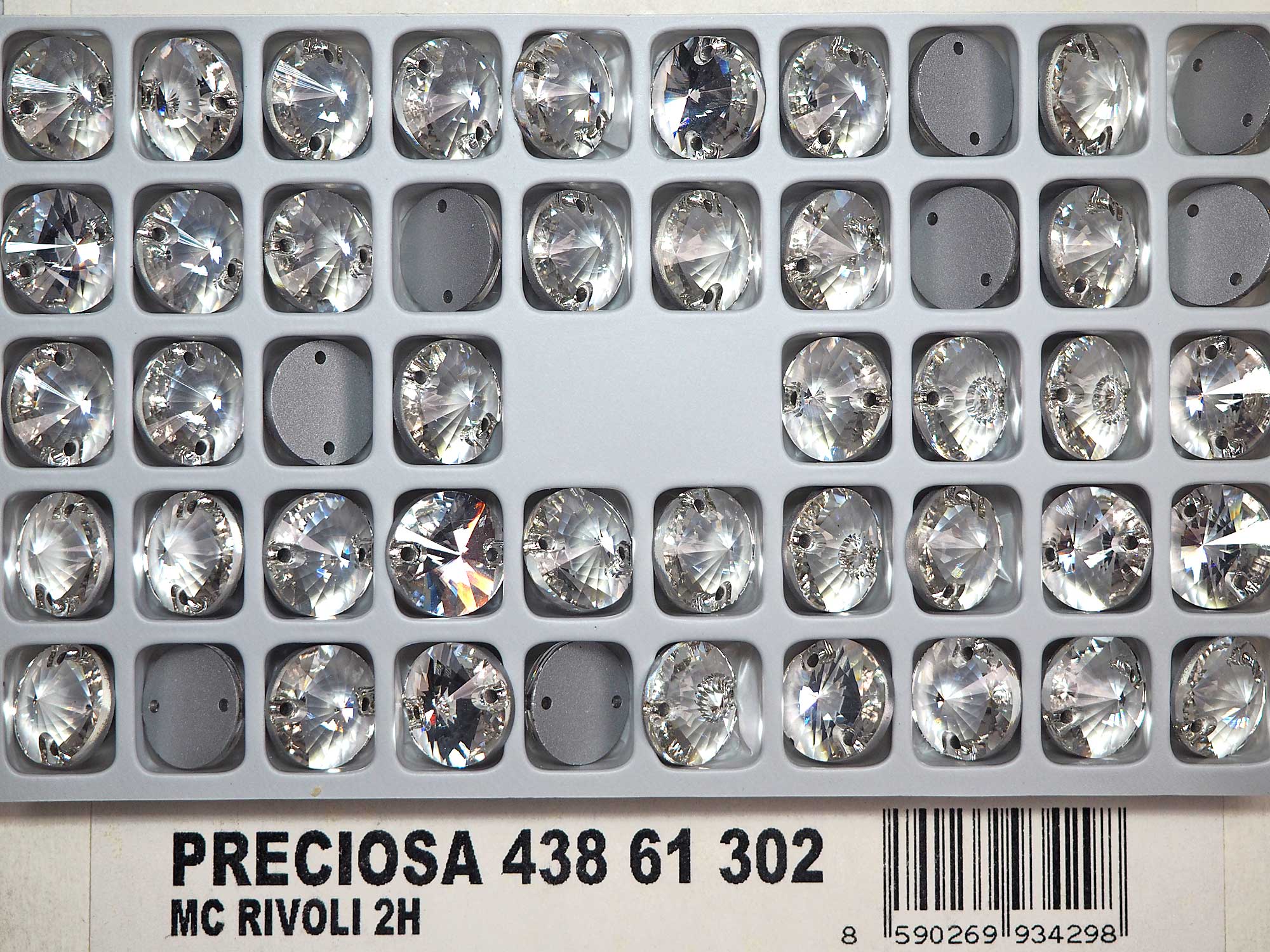 Crystal clear, Preciosa Czech MC RIVOLI Flatback 2-hole Sew-on Stones Style #438-61-302 Silver Foiled, sizes 10mm, 12mm, 14mm