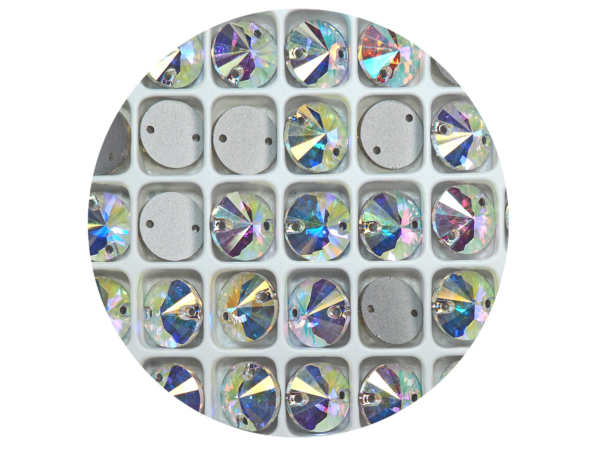 Crystal AB, Preciosa Czech MC RIVOLI Flatback 2-hole Sew-on Stones Style #438-61-302 Silver Foiled, sizes 10mm and 12mm