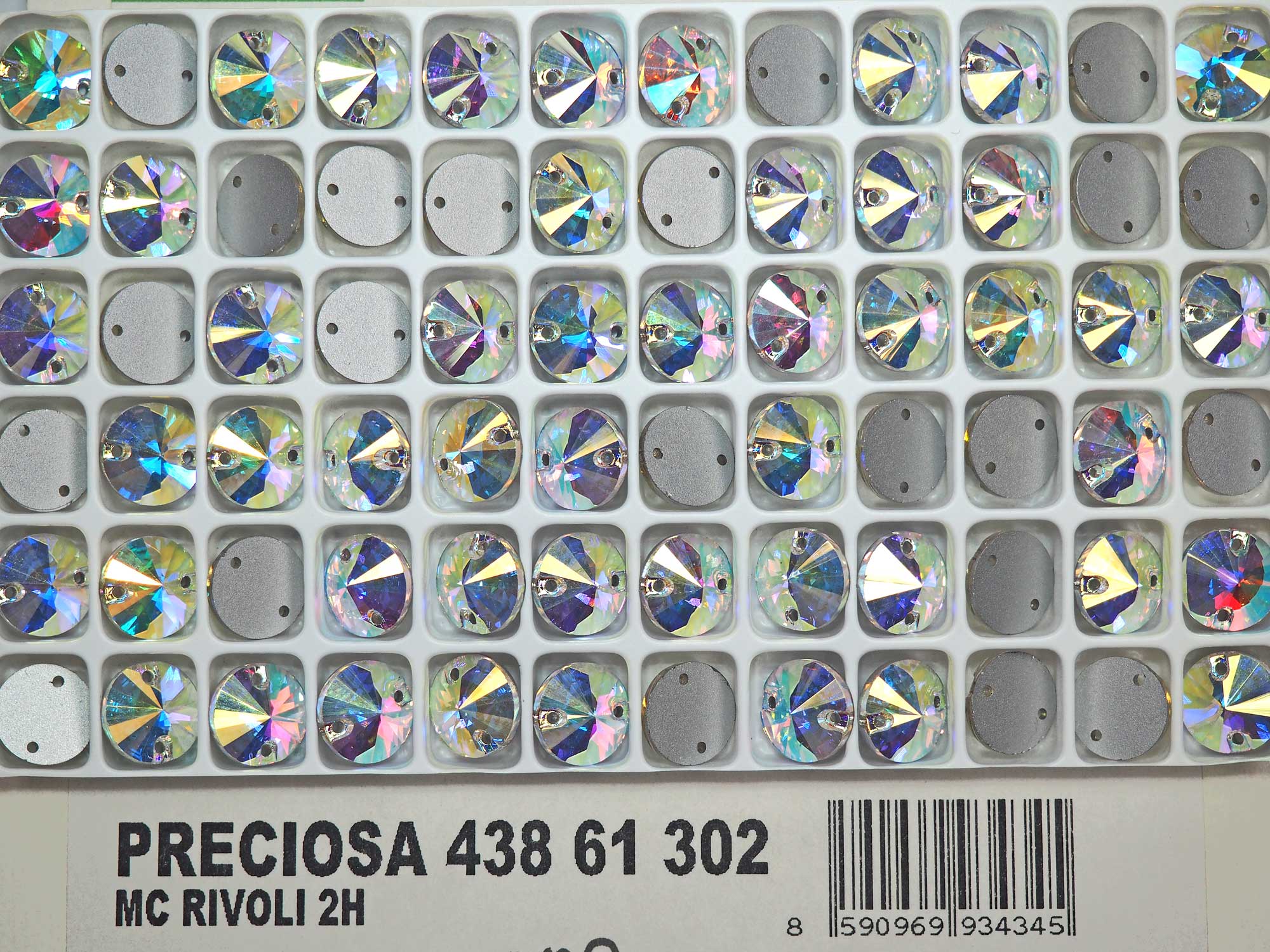 Crystal AB, Preciosa Czech MC RIVOLI Flatback 2-hole Sew-on Stones Style #438-61-302 Silver Foiled, sizes 10mm and 12mm