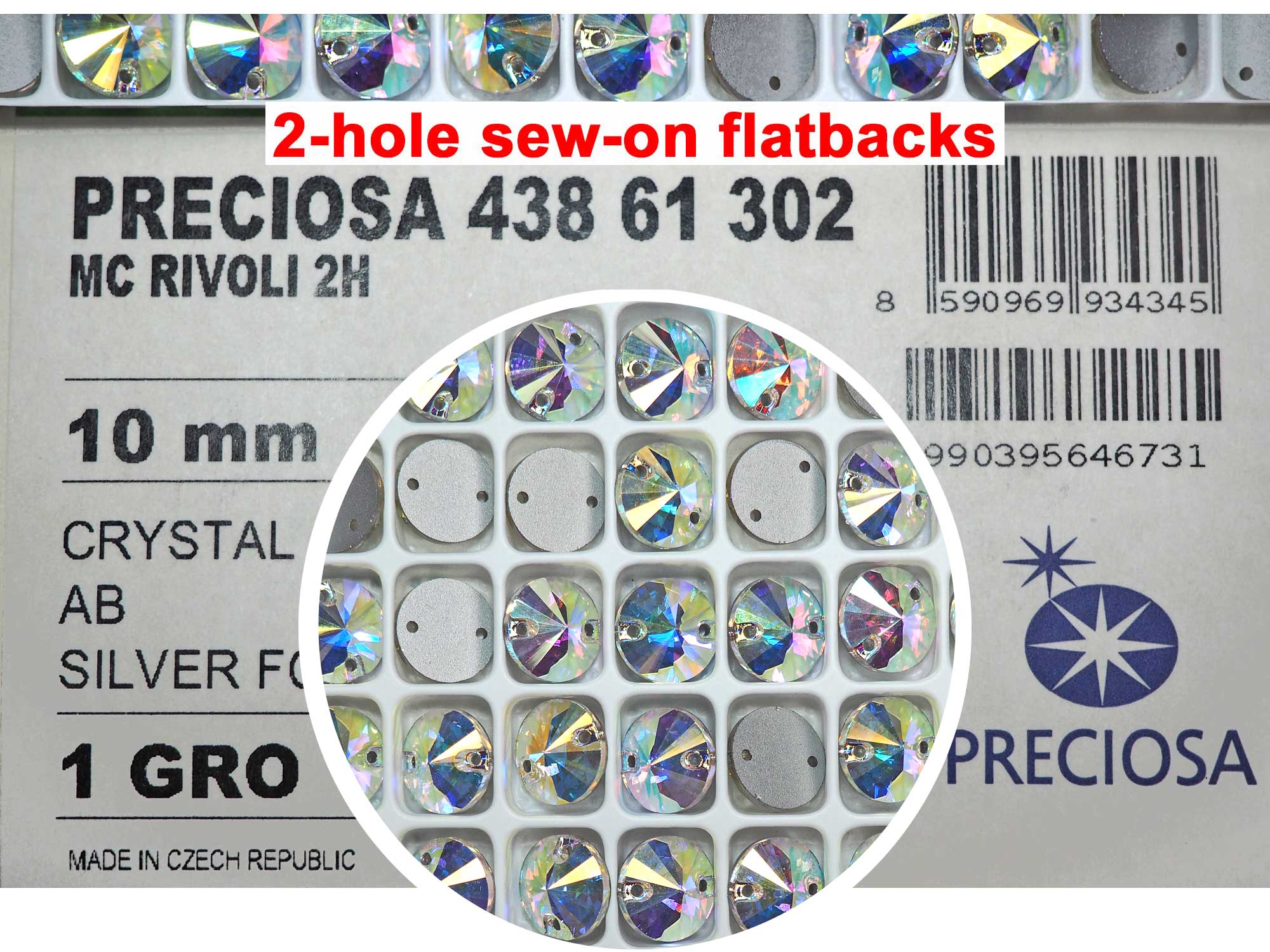 Crystal AB, Preciosa Czech MC RIVOLI Flatback 2-hole Sew-on Stones Style #438-61-302 Silver Foiled, sizes 10mm and 12mm