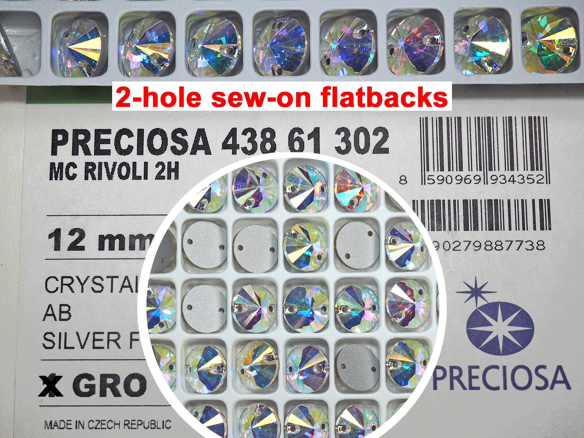 Crystal AB, Preciosa Czech MC RIVOLI Flatback 2-hole Sew-on Stones Style #438-61-302 Silver Foiled, sizes 10mm and 12mm