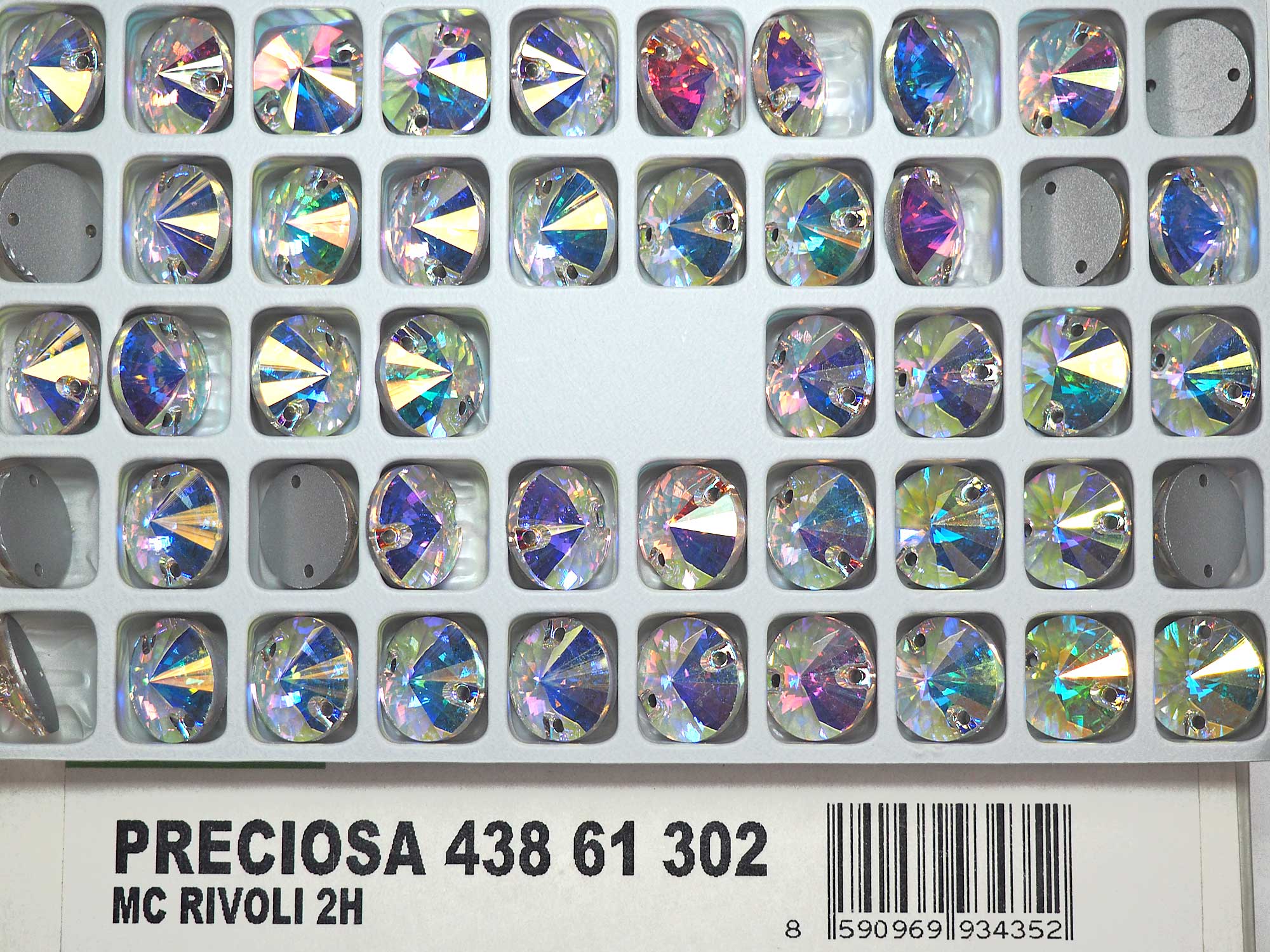 Crystal AB, Preciosa Czech MC RIVOLI Flatback 2-hole Sew-on Stones Style #438-61-302 Silver Foiled, sizes 10mm and 12mm