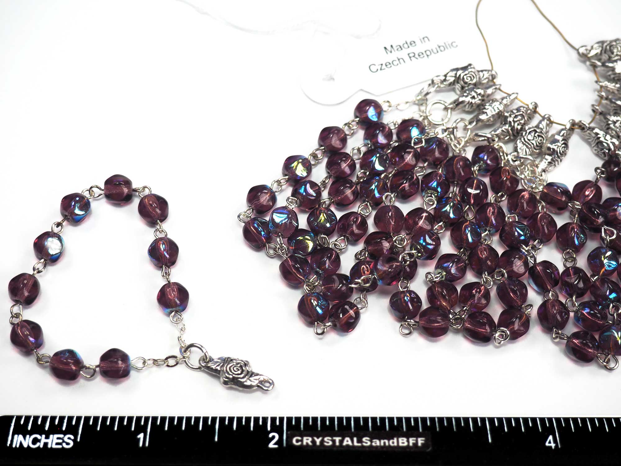 Rosary Chain - Finger Auto Rosary chain with Centerpiece, 6mm Druk Amethyst AB coated Beads, Silver Plated, P573