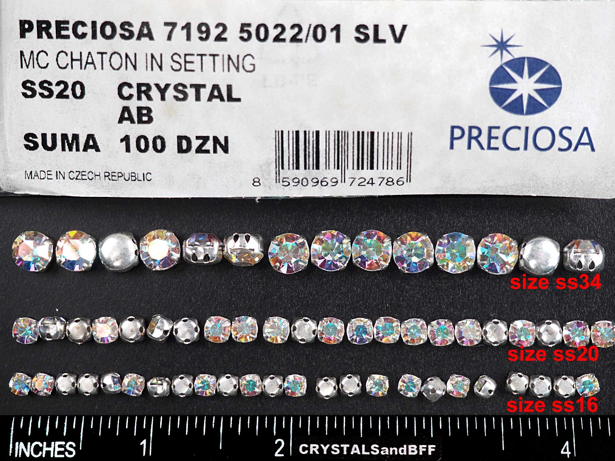 Crystal AB Preciosa Genuine Czech Chaton Montees Poined Back MC Chatons in Settings Rhodium Silver Plated SewOn Rhinestones in sizes ss34 ss40