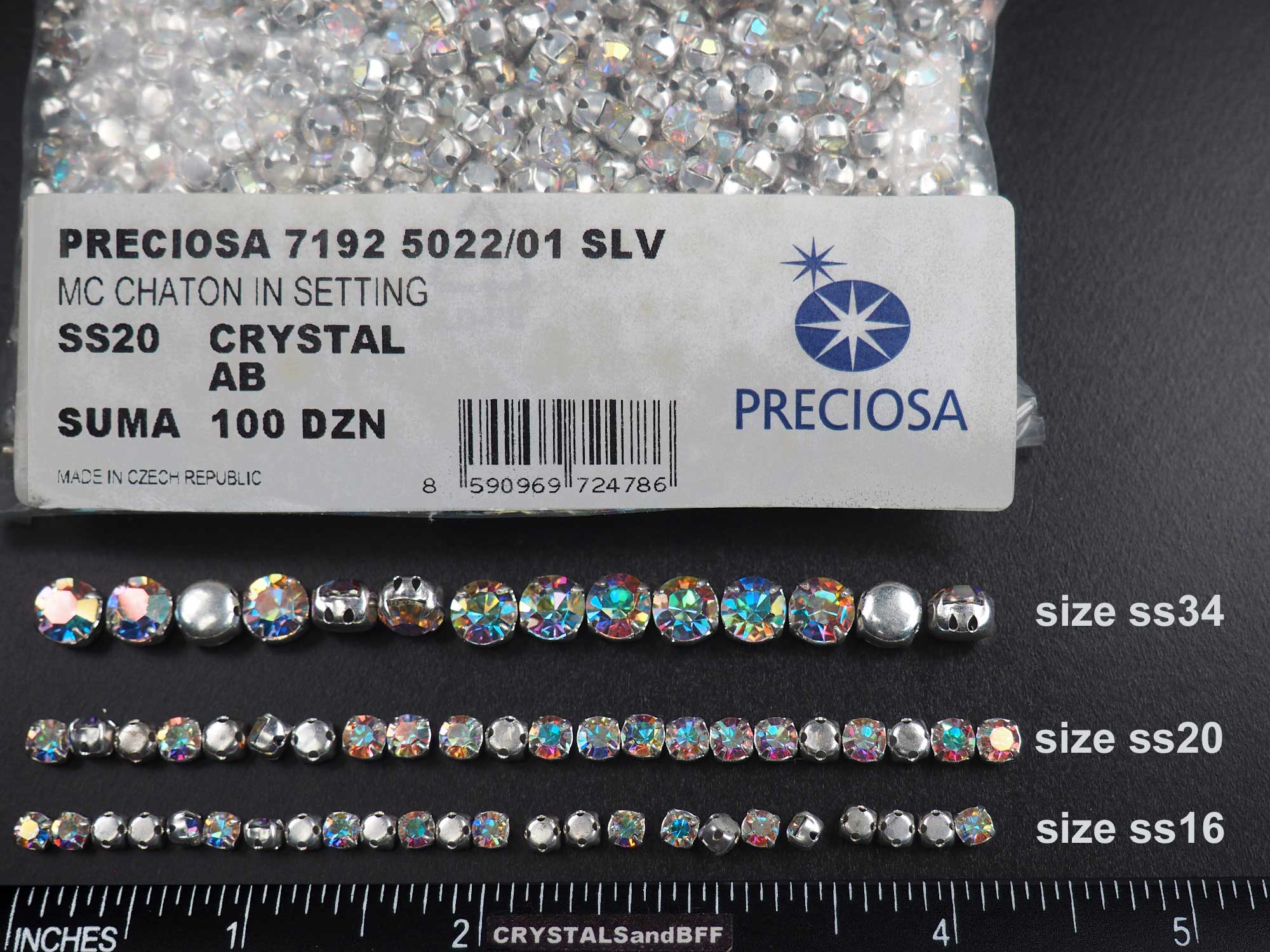 Crystal AB Preciosa Genuine Czech Chaton Montees Poined Back MC Chatons in Settings Rhodium Silver Plated SewOn Rhinestones in sizes ss34 ss40