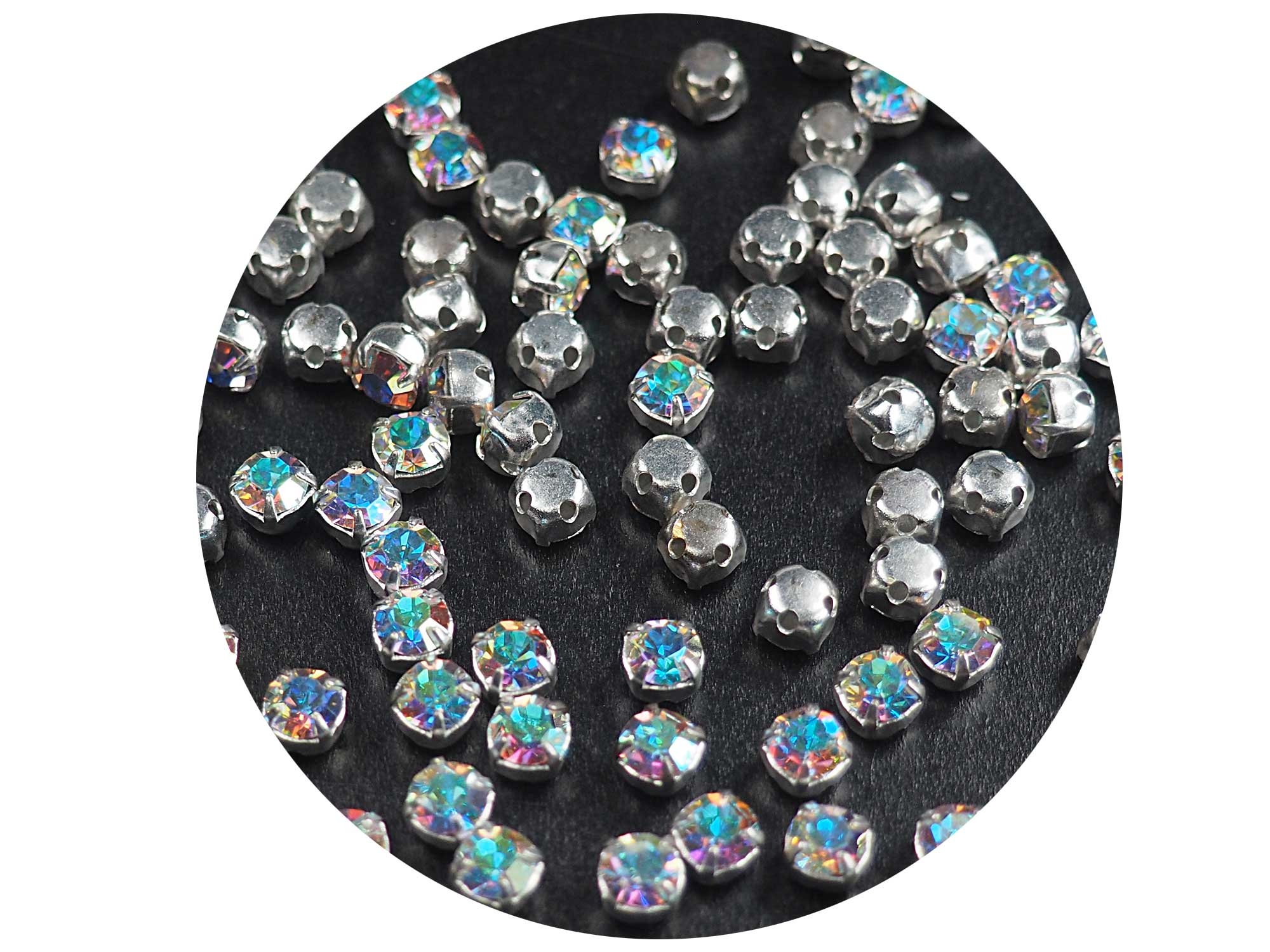 Crystal AB Preciosa Genuine Czech Chaton Montees Poined Back MC Chatons in Settings Rhodium Silver Plated SewOn Rhinestones in sizes ss34 ss40