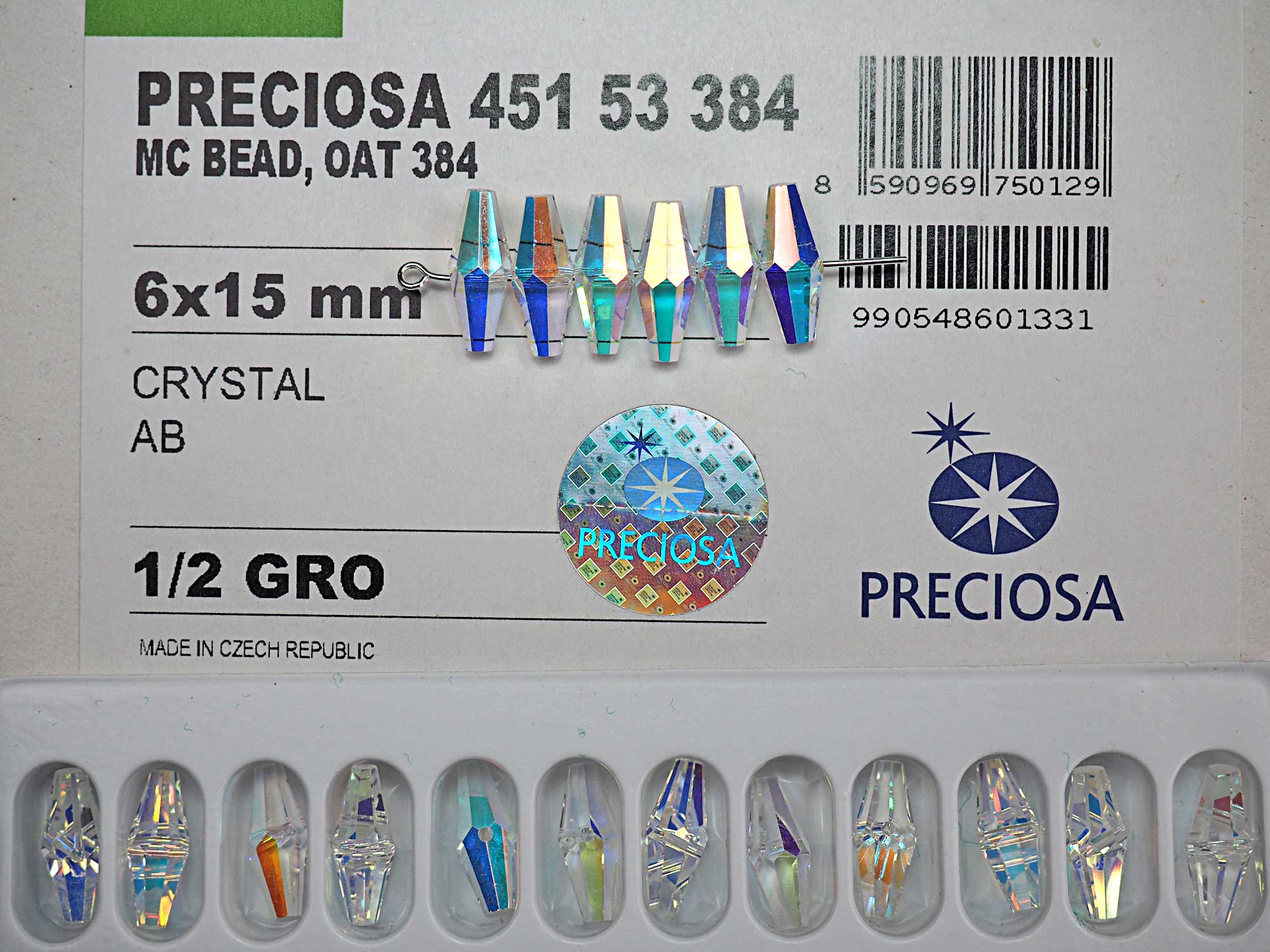 Crystal AB coated, Preciosa Czech Machine Cut Oat Center Drilled Crystal Beads style #384 in size 6x15mm, 6 pieces, P806