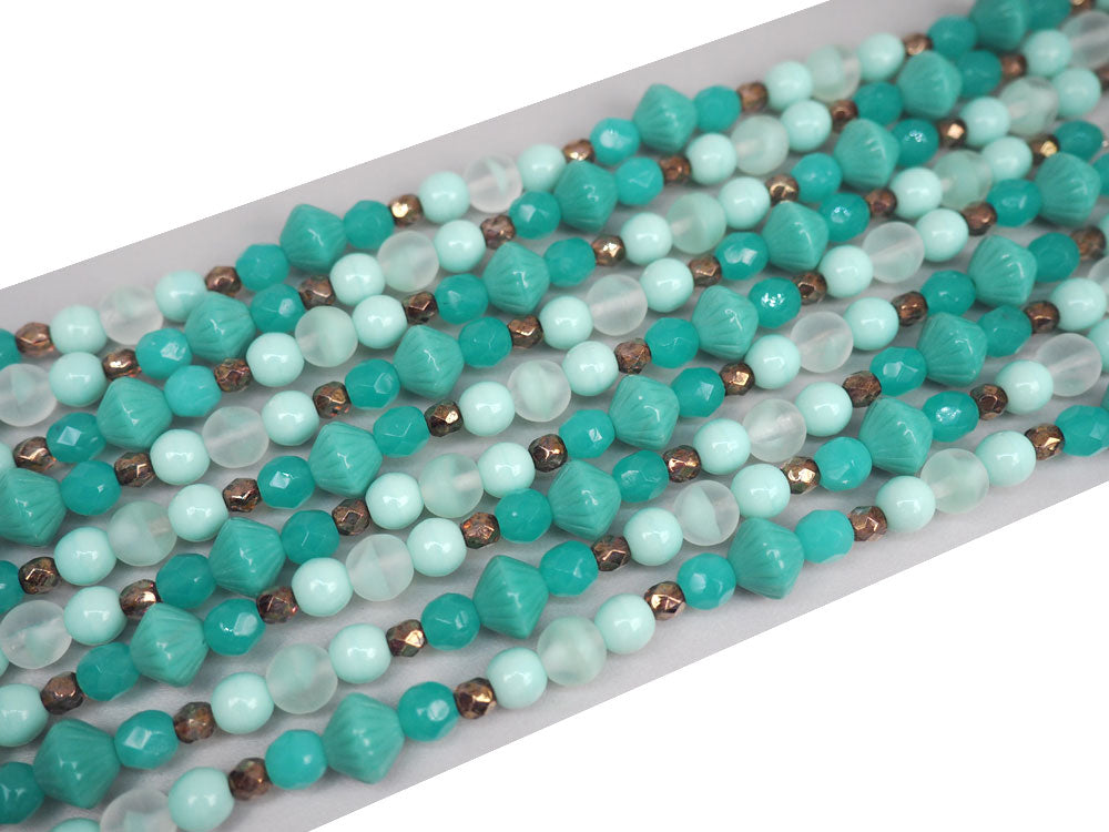'Mix of Green Pastel Czech Glass Druk beads, 7” strand, P770