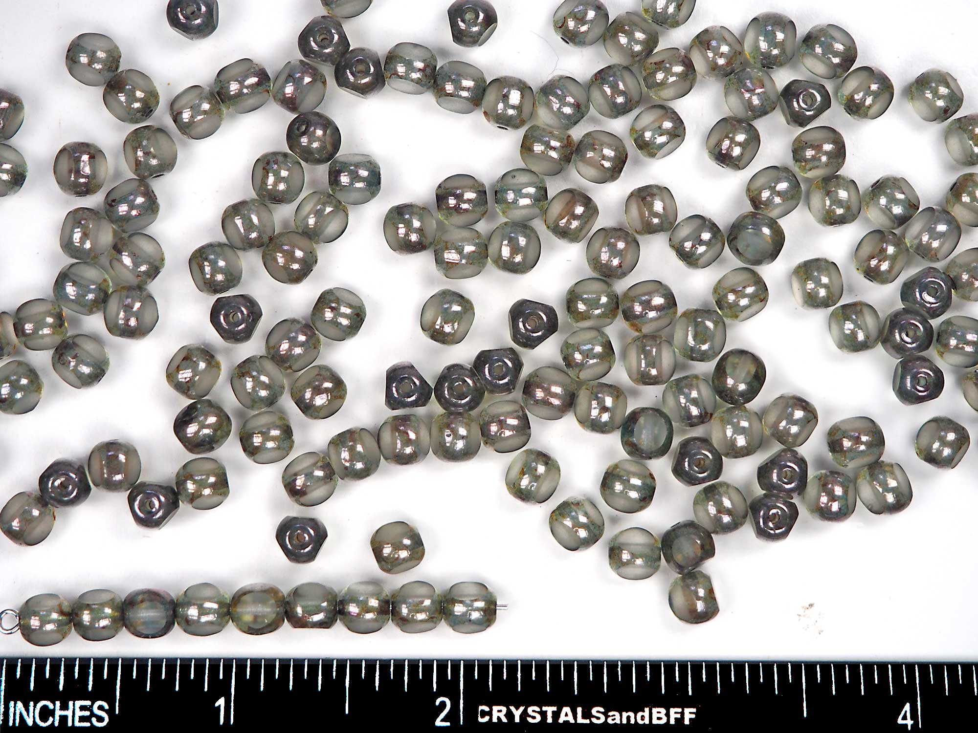 Czech Glass 3-Cut Round Window Beads (Soccer Ball Bead) Art. 151-19501 in size 6mm, Crystal Light Green Picasso coating, 50pcs, P871