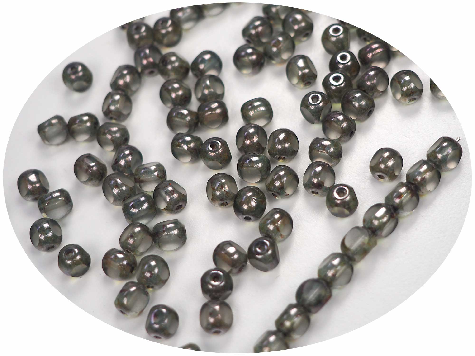 Czech Glass 3-Cut Round Window Beads (Soccer Ball Bead) Art. 151-19501 in size 6mm, Crystal Light Green Picasso coating, 50pcs, P871