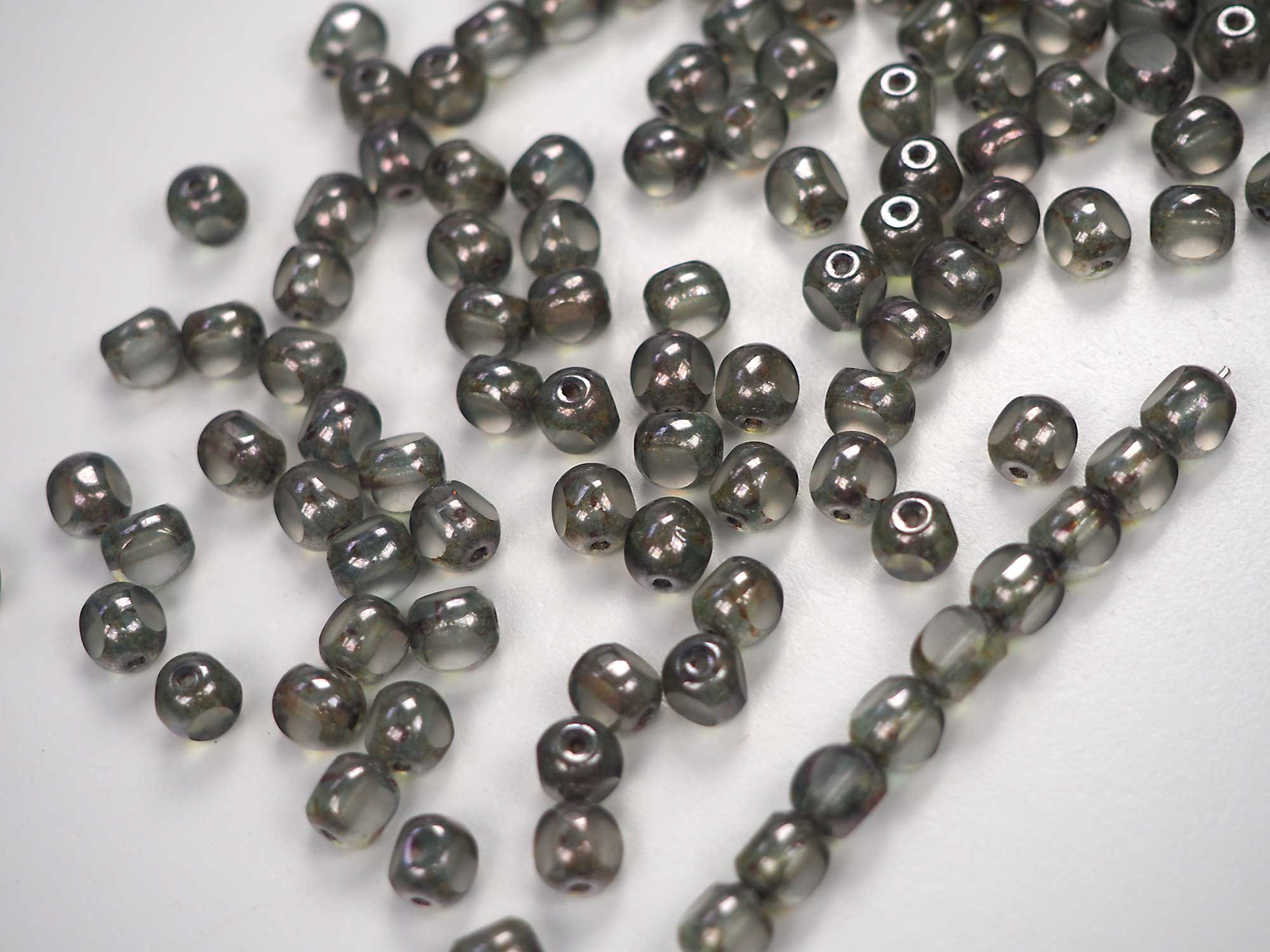 Czech Glass 3-Cut Round Window Beads (Soccer Ball Bead) Art. 151-19501 in size 6mm, Crystal Light Green Picasso coating, 50pcs, P871