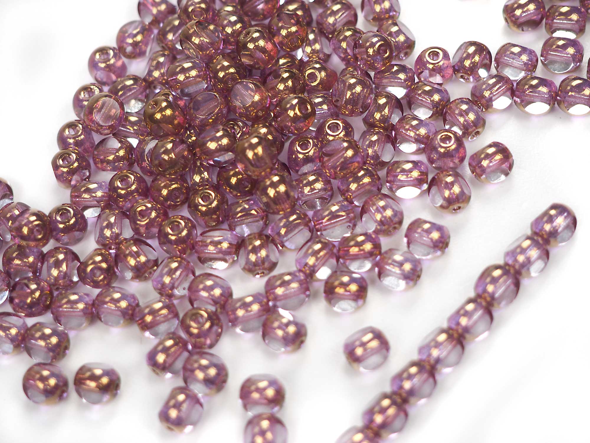 Czech Glass 3-Cut Round Window Beads (Soccer Ball Bead) Art. 151-19501 in size 6mm, Crystal Pink Bronze Picasso coating, 50pcs, P873