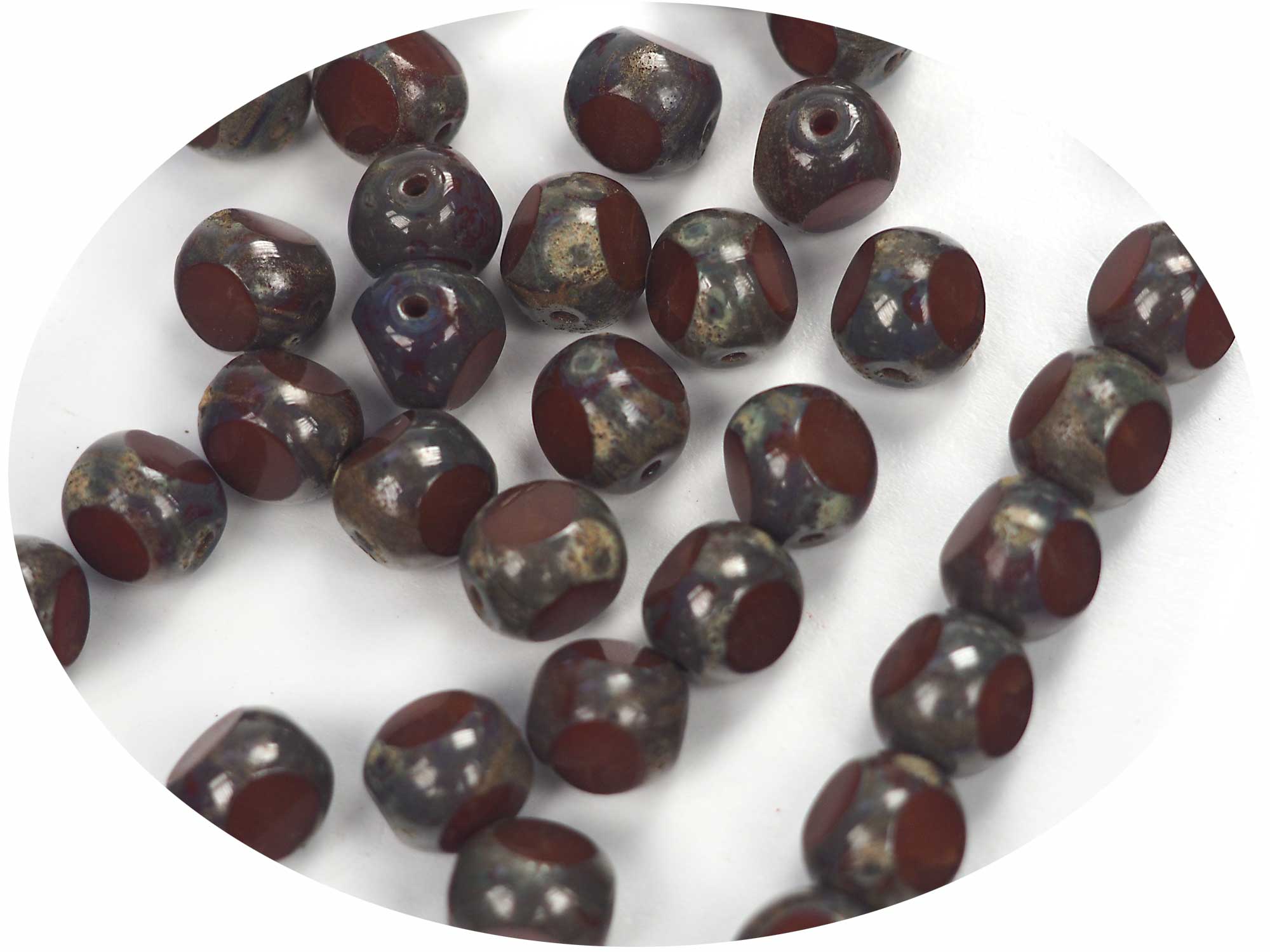 Czech Glass 3-Cut Round Window Beads (Soccer Ball Bead) Art. 151-19501 in size 10mm, Opaque Dark Brown with Picasso coating, 24pcs, P880
