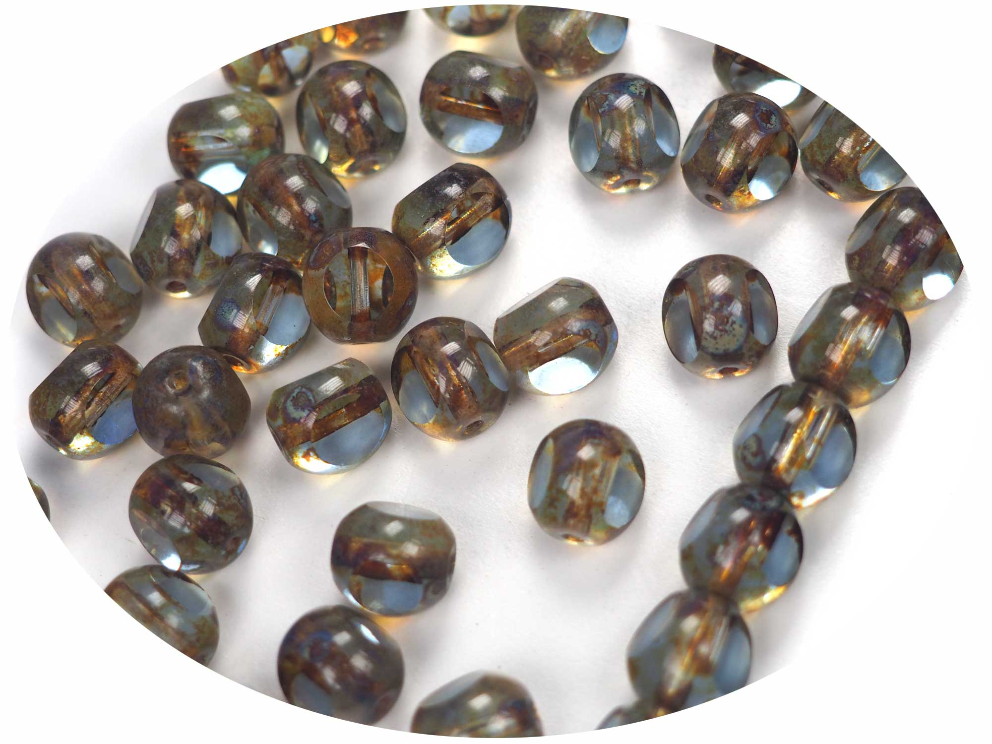 Czech Glass 3-Cut Round Window Beads (Soccer Ball Bead) Art. 151-19501 in size 10mm, Light Green Picasso coating, 24pcs, P881