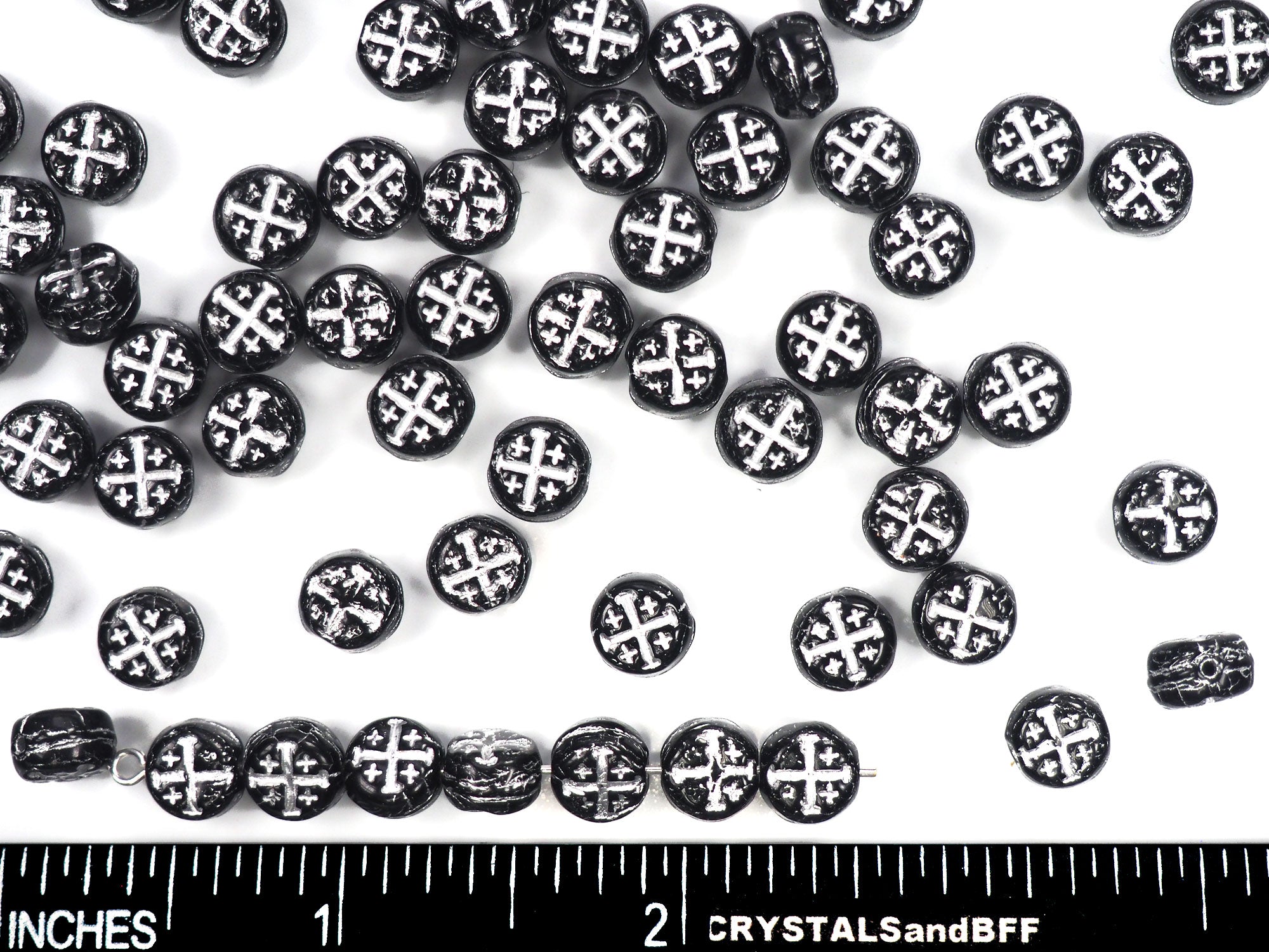 Czech Glass Druk Beads in size 7x5mm, Jet Black with Silver Painted Cross, 30pcs, P897